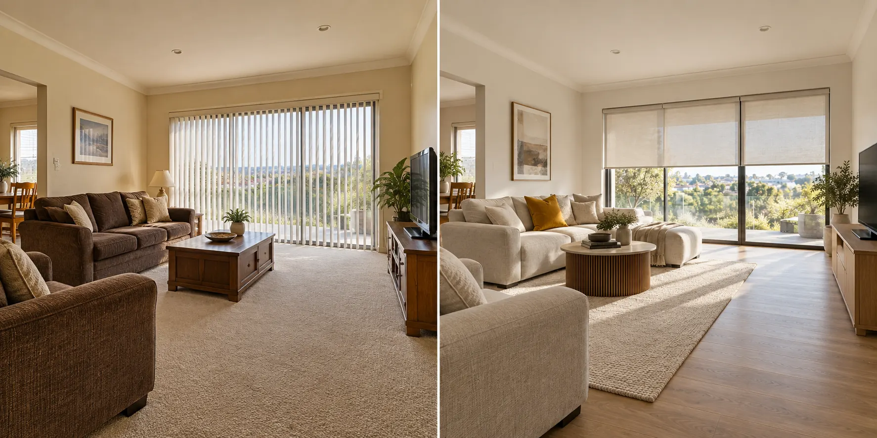 Example room: carpet and vertical blinds shown beside timber-look flooring and roller blinds