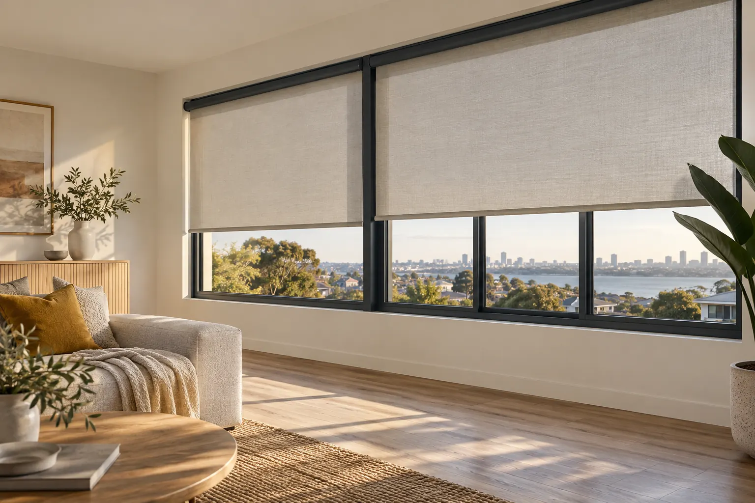 Modern roller blinds filtering light in a Perth interior